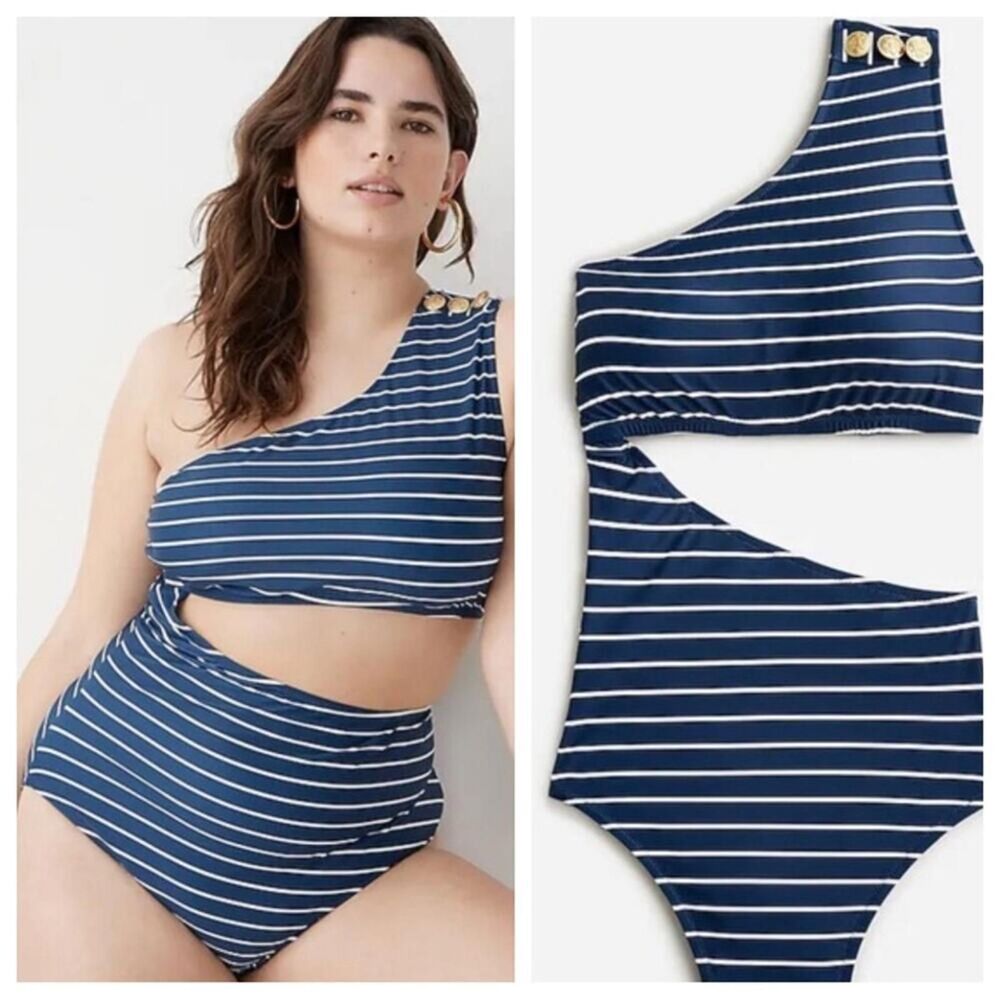 J. Crew Navy Shoulder One Piece Bikini Swimsuit Stripe Nautical 18 FAV NWT